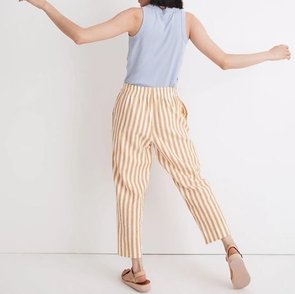 Madewell Tapered Huston Pull On Linen Crop Pants in Golden Plume Stripe Sz Small - Picture 3 of 14